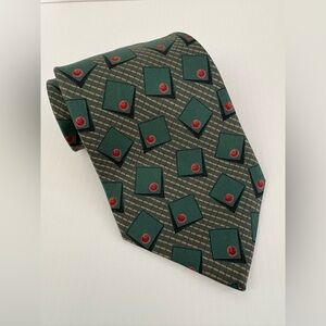Tom Jame’s Men's Green Patterned Silk Tie with Red Dot Accents